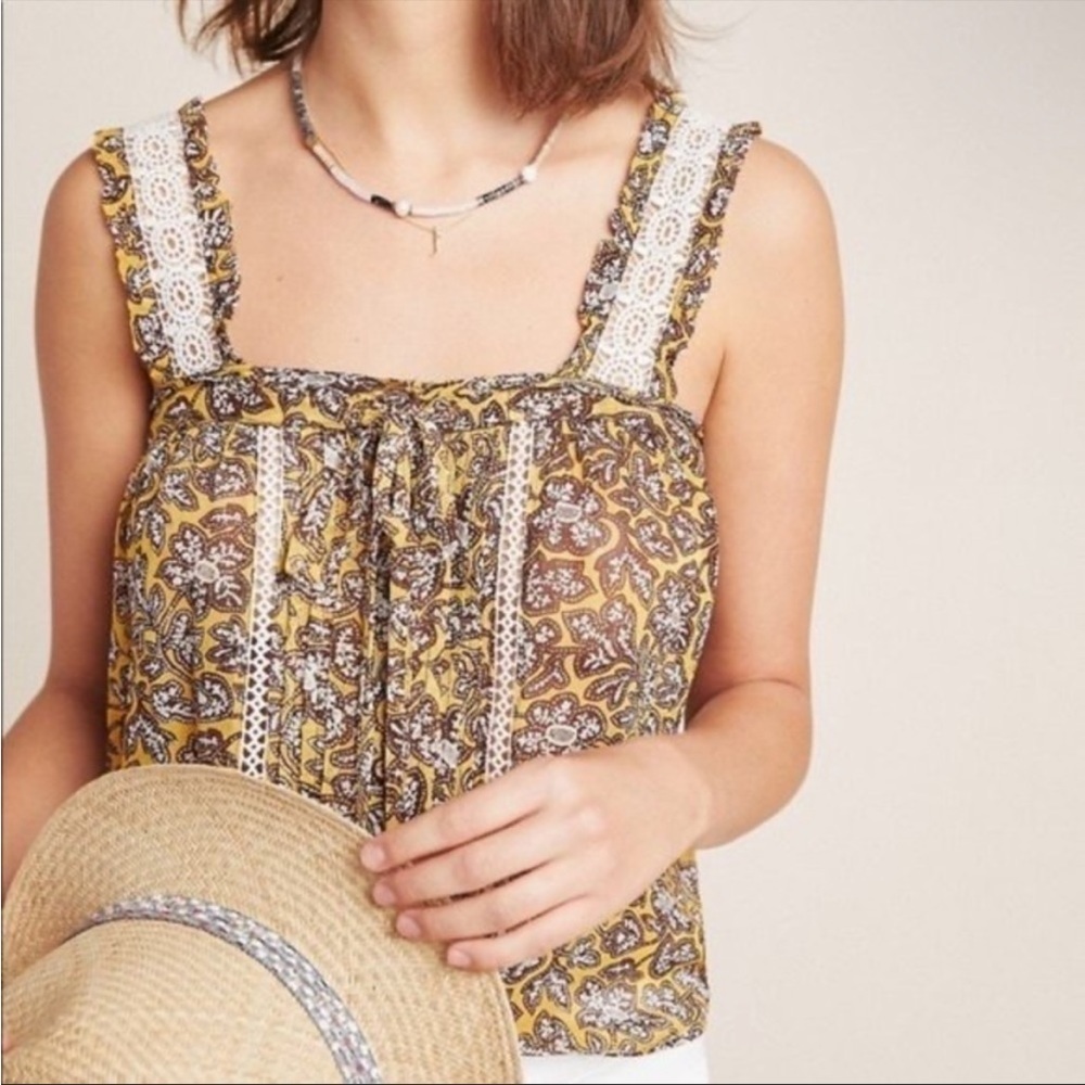 ANTHROPOLOGIE Yellow Bardot Crotchet Blouse Boho Retro Sz 6 NEW
